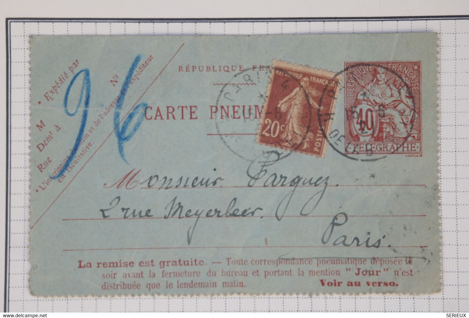 BB9 FRANCE TELEGRAPHE  BELLE CARTE  ENTIER PNEUMATIQUE  RR 1921 PARIS + SEMEUSE +AFFRANC. INTERESSANT+ - Pneumatici