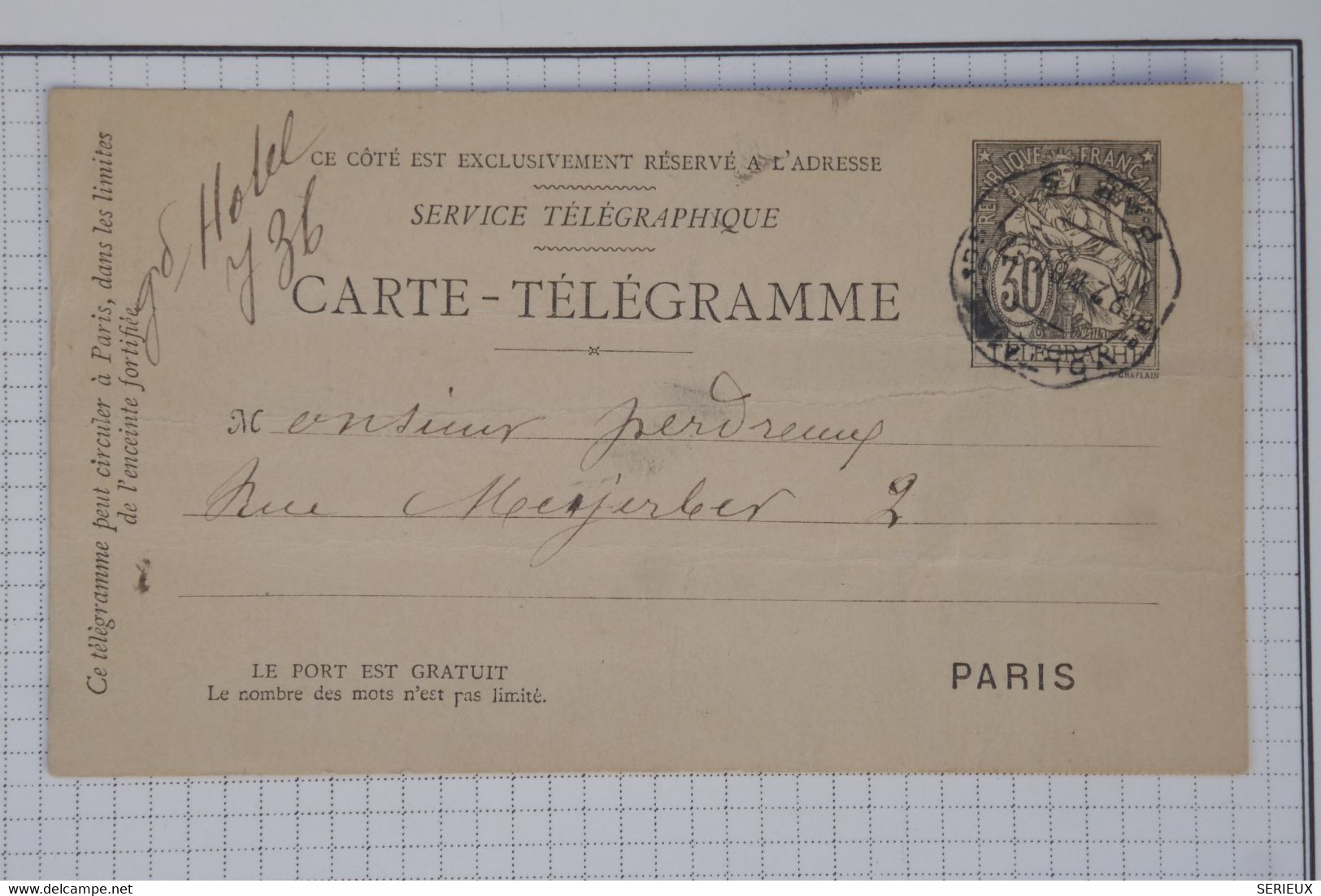 BB9 FRANCE TELEGRAPHE  BELLE CARTE  ENTIER PNEUMATIQUE   1907  PARIS +  +AFFRANC. INTERESSANT+ - Neumáticos