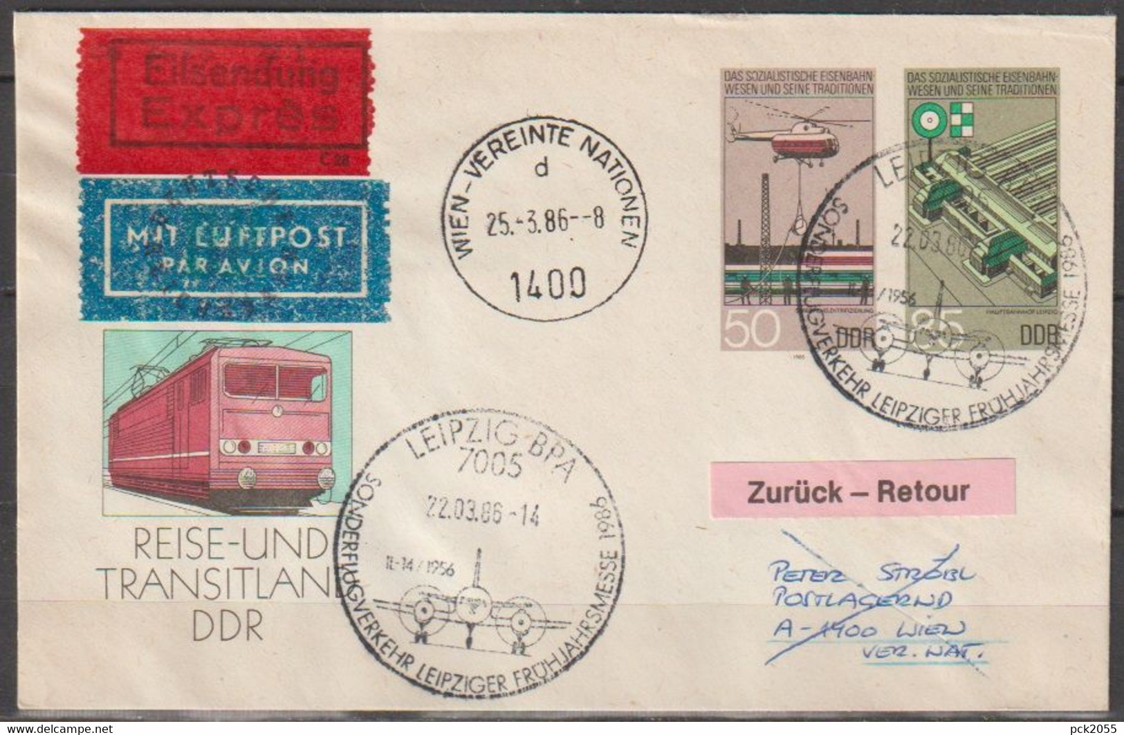 DDR Ganzsache 1985  Nr.U3 Luftpost Leipzig - Wien Vereinte Nationen Ankunftstempel ( D 3581 ) - Briefomslagen - Gebruikt