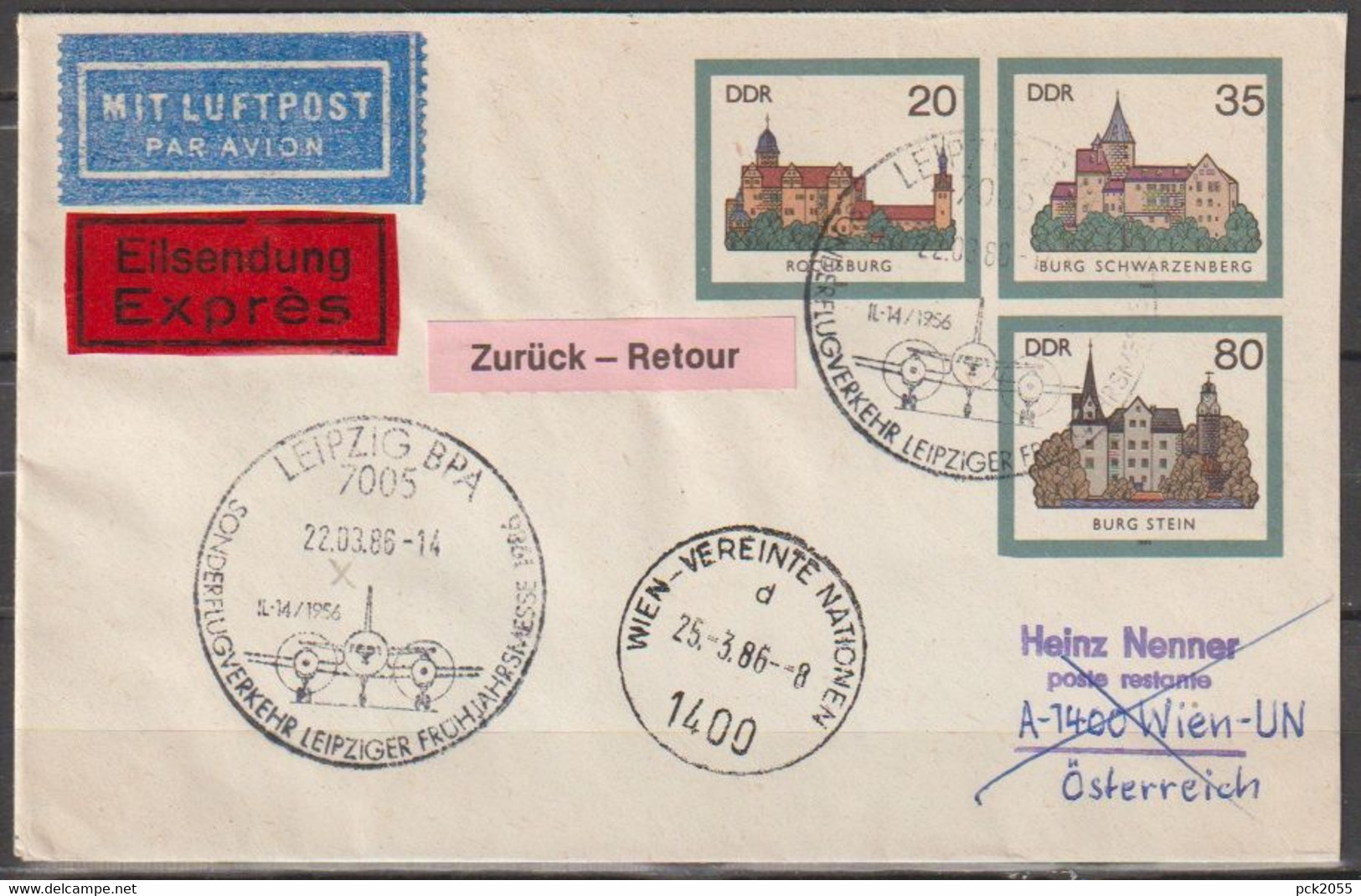 DDR Ganzsache 1985  Nr.U2 Luftpost Leipzig - Wien Vereinte Nationen Ankunftstempel ( D 3613 ) - Umschläge - Gebraucht