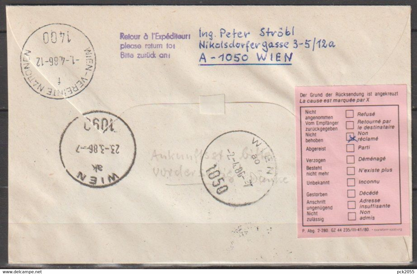 DDR Ganzsache 1985  Nr.U2 Luftpost Leipzig - Wien Vereinte Nationen Ankunftstempel ( D 3613 ) - Covers - Used