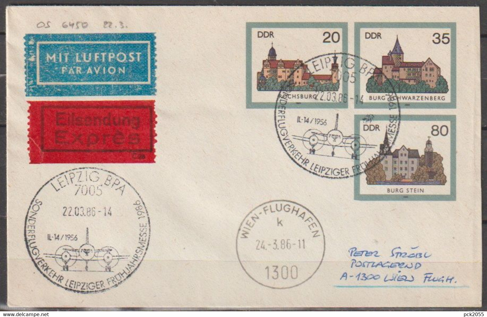 DDR Ganzsache 1985  Nr.U2 Luftpost Leipzig - Wien  Ankunftstempel ( D 3621 ) - Umschläge - Gebraucht