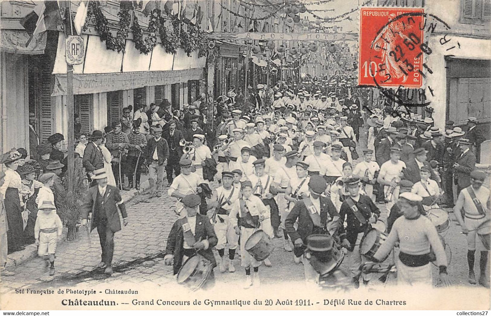 28-CHATEAUDUN-GRAND CONCOURS DE GYMNASTIQUE DU 20 AOUT 1911- DEFILE RUE DE CHARTRES - Chateaudun