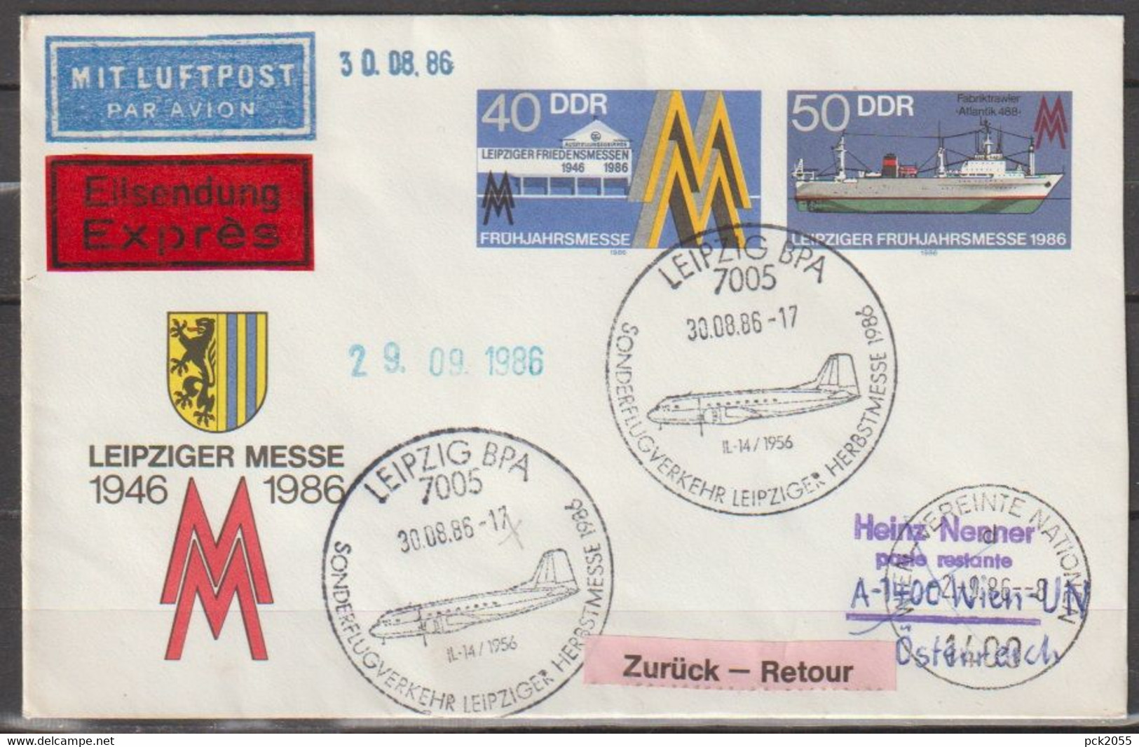 DDR Ganzsache 1986  Nr.U4 Luftpost Leipzig - Wien Vereinte Nationen Ankunftstempel ( D 3677 ) - Umschläge - Gebraucht