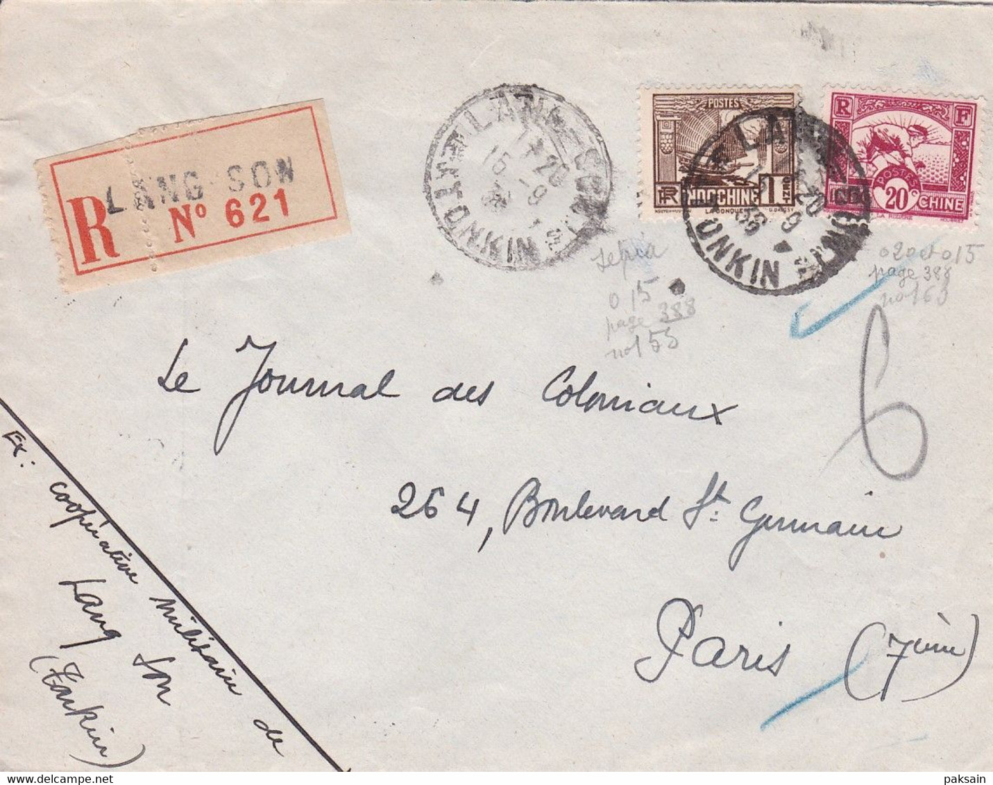 Indochine, Lettre Recommandée CAD LANG-SON TONKIN 15.9.1936 + Cachet Hanoi & Saigon Pr Le Journal Des Coloniaux - Cartas & Documentos