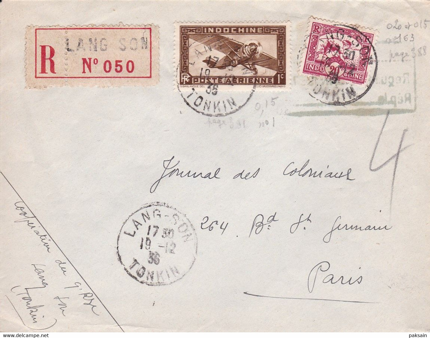 Indochine, Lettre Recommandée CAD LANG-SON TONKIN 19.12.1936 + Cachet Hanoi Pour Le Journal Des Coloniaux Paris - Storia Postale