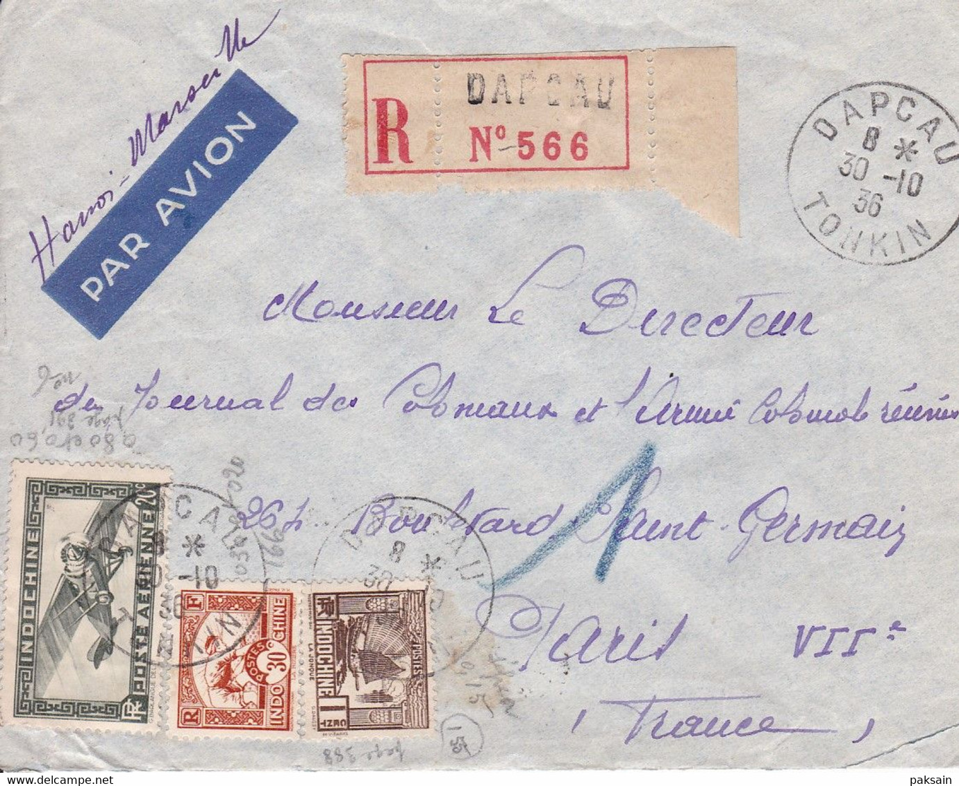 Indochine Divers Timbres Sur Lettre Recommandée De DAPCAU TONKIN CAD 1936 + Cachet Hanoi Pr Journal Des Coloniaux Paris - Cartas & Documentos