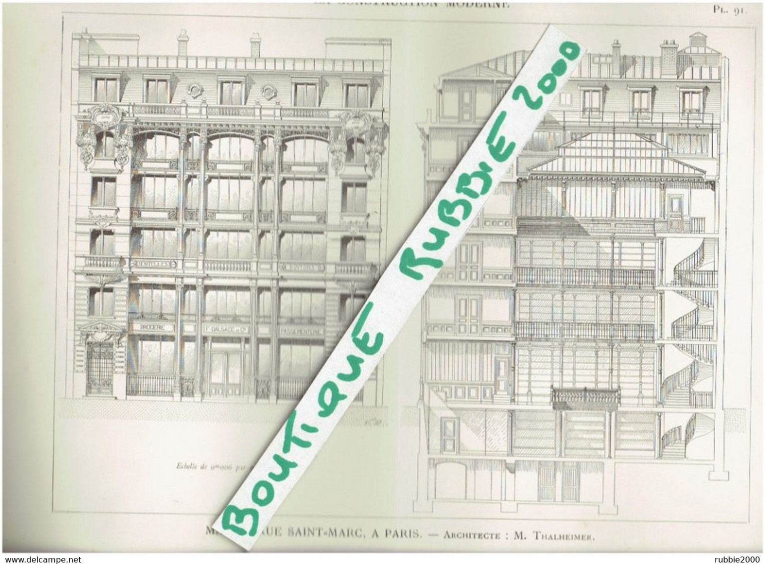 PLAN DESSIN 1897 PARIS 2° IMMEUBLE 24 RUE SAINT MARC ARCHITECTE LOUIS THALHEIMER - Paris