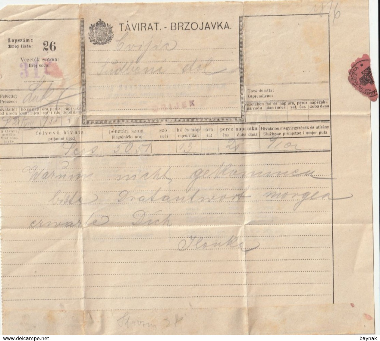 HUNGARY  -  CROATIA  --  PECS TO  OSIJEK  --  TAVIRAT - BRZOJAVKA  --  TELEGRAMM - Telegraph