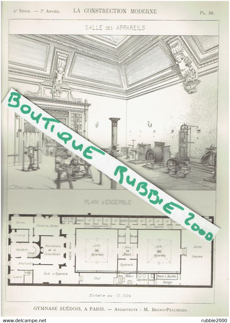 PLAN DESSIN 1897 PARIS GYMNASE SUEDOIS REALISE PAR L ARCHITECTE BRUNO PELLISSIER - Gymnastique