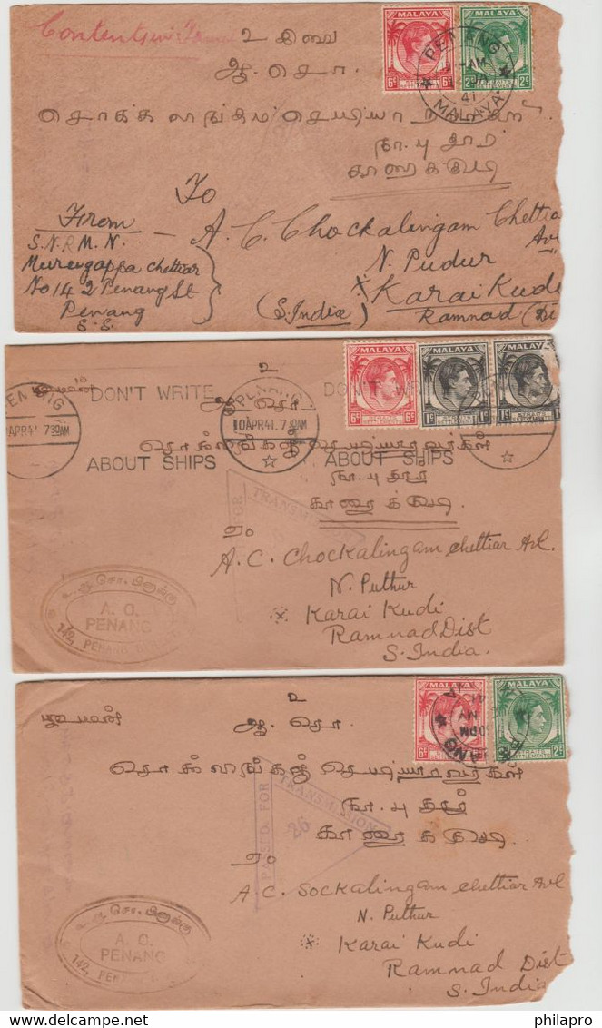 MALAYSIA  LOT 3  COVER  PASSED FOR TRANSMISSION  From PENANG  To KARAIKUDI  INDIA  Réf R72 - Penang