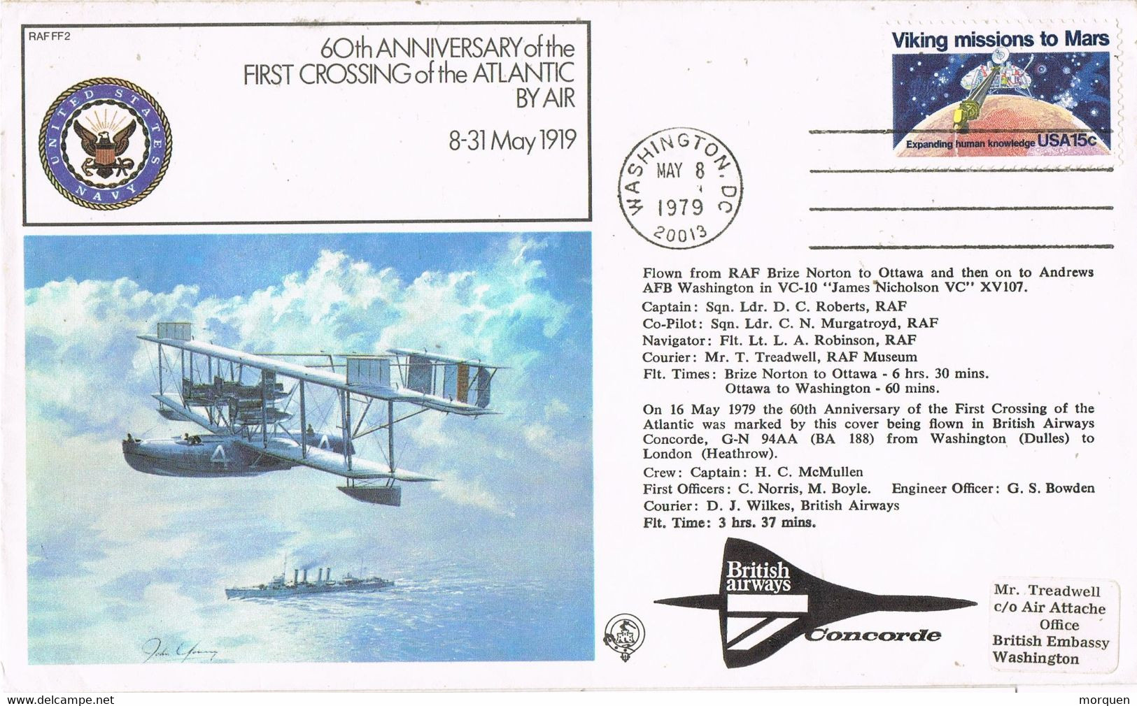 46187. Carta  FIRST FLIGHT WASHINGTON (Usa) 1979.  Crossing Atlantic 60 Th Anniversary. Concorde - Cartas & Documentos