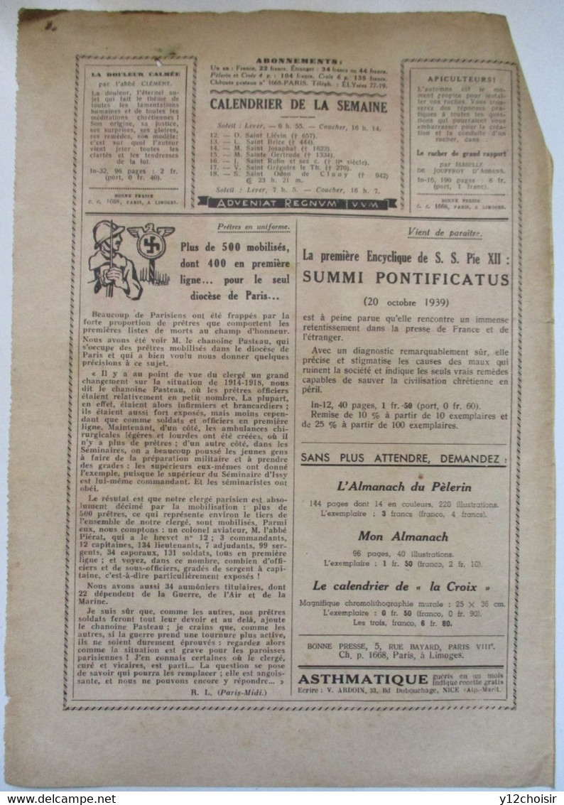 PREMIERE DE COUVERTURE LE PELERIN 1939 NOUVELLE MEDAILLE CROIX DE GUERRE AU VERSO PRETRES EN UNIFORME - France