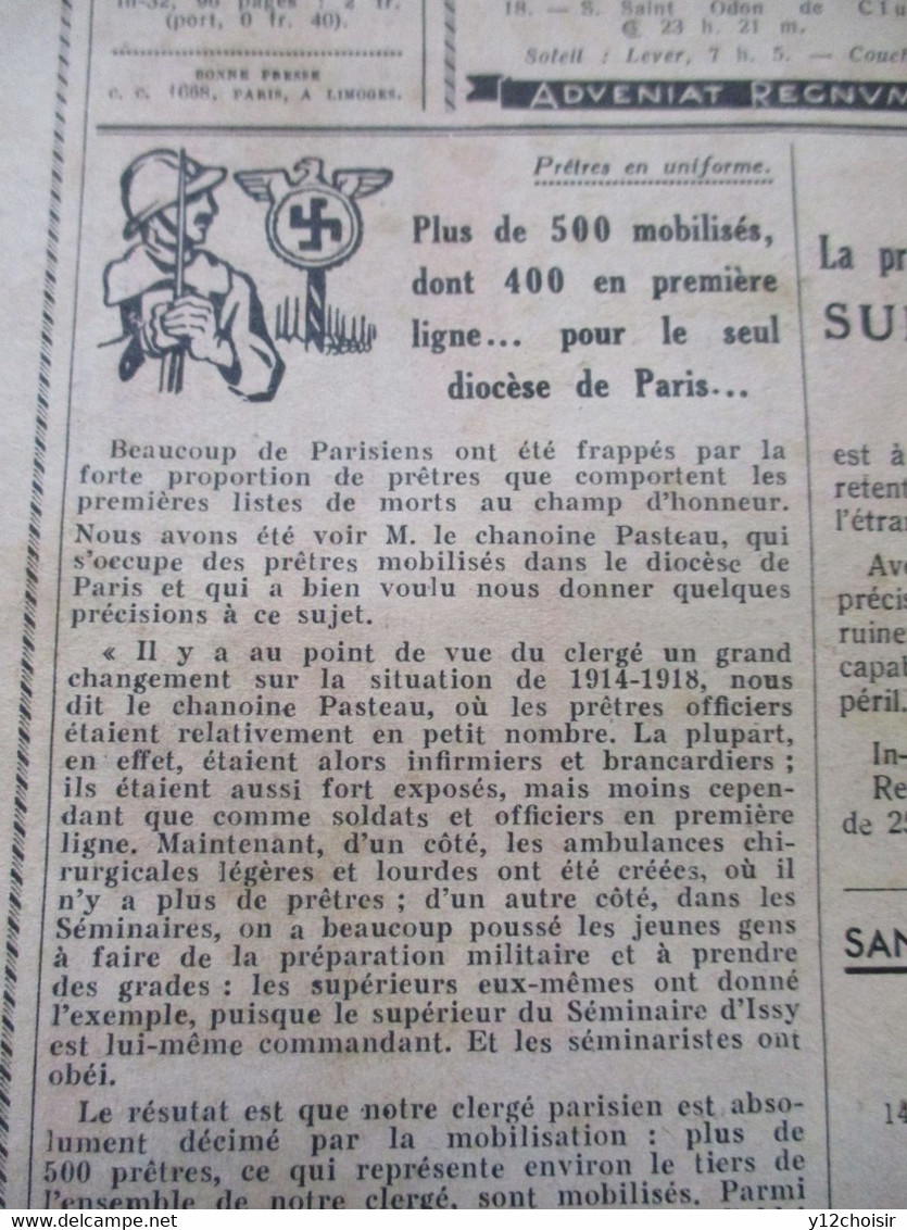 PREMIERE DE COUVERTURE LE PELERIN 1939 NOUVELLE MEDAILLE CROIX DE GUERRE AU VERSO PRETRES EN UNIFORME - France