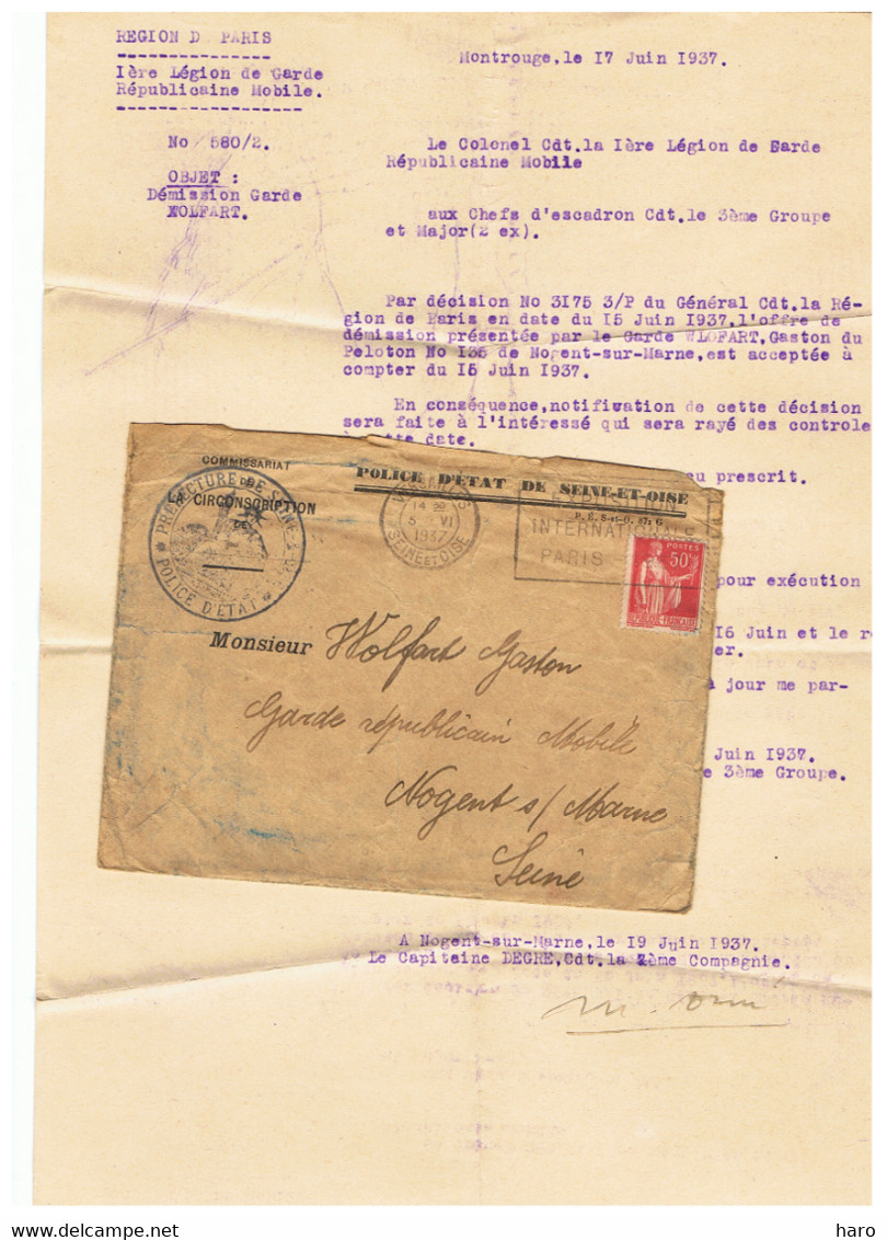 Lettre Avec Enveloppe - Démission D'un Garde Républicain De Nogent Sur Marne  - MONTROUGE 1937 (fr104) Police D'Etat - Police & Gendarmerie