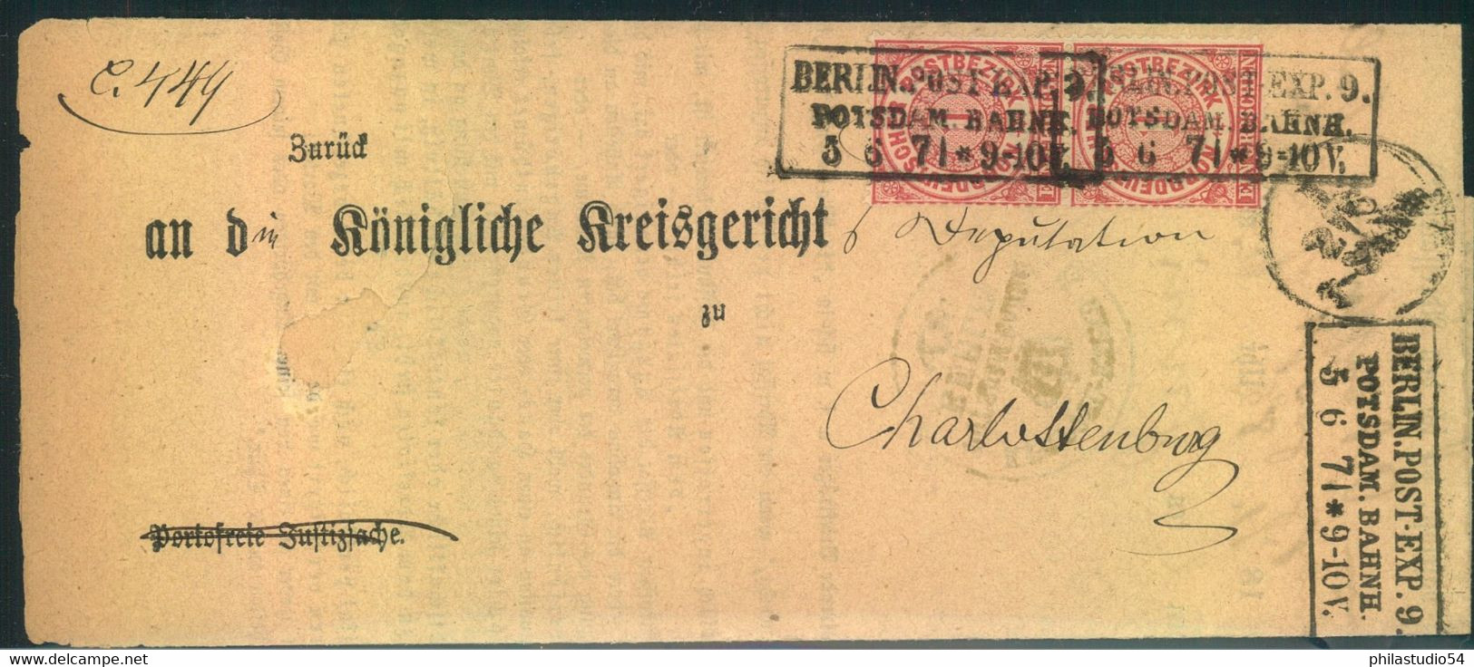 1871, "BERLIN POST - EXP. 9 / POTSSAM. BAHNH.; Ra2  Auf Insinuationsdolument - Frankeermachines (EMA)