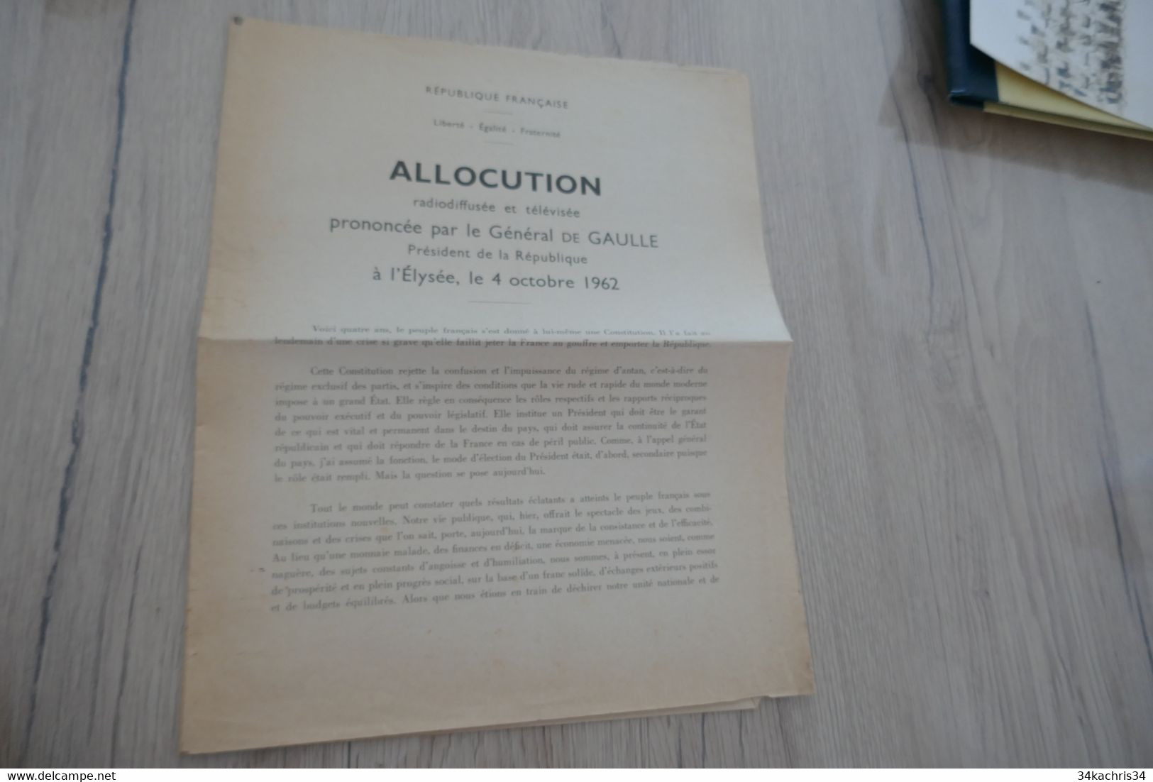 GENERAL DE GAULLE Allocution à L'Elysée Du 04/10/1962 Modification Constitution Suffrage Universel 1 Pli Archivage - Documentos