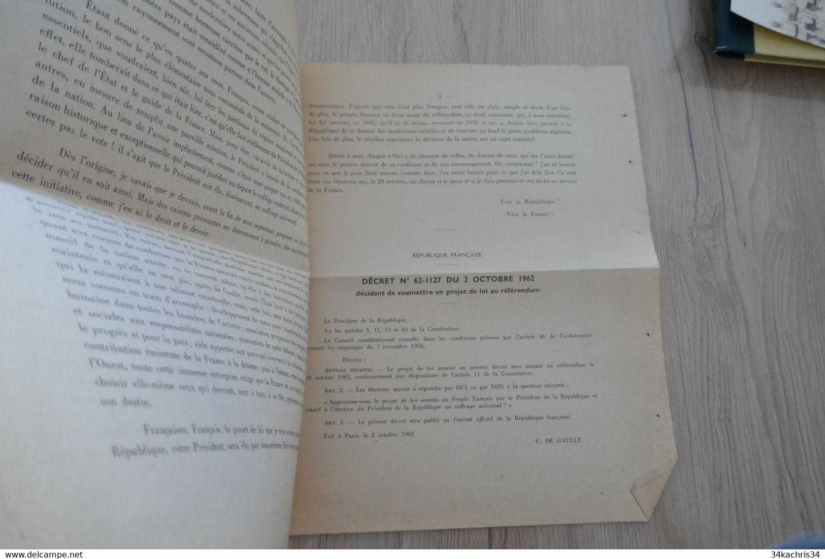 GENERAL DE GAULLE Allocution à L'Elysée Du 04/10/1962 Modification Constitution Suffrage Universel 1 Pli Archivage - Documentos