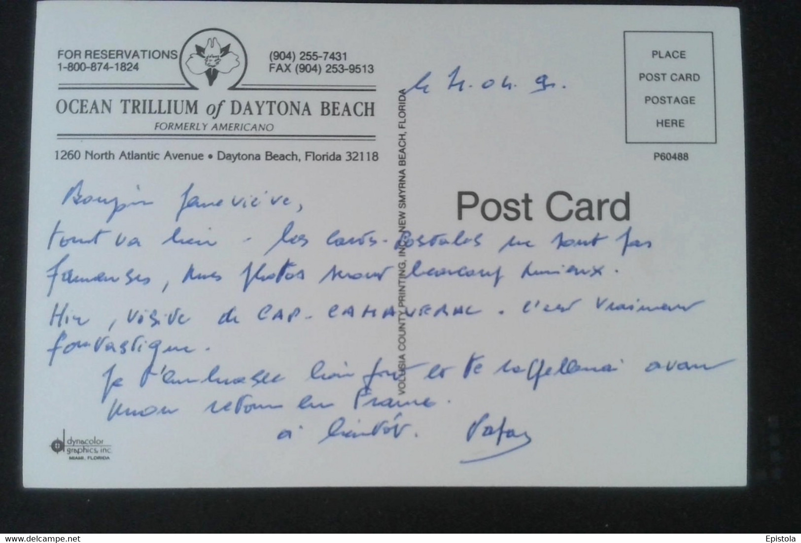 ► OCEAN TRILLIUM Of DAYTONA BEACH 1980/90s  (Postcard Addressed To France) - Daytona