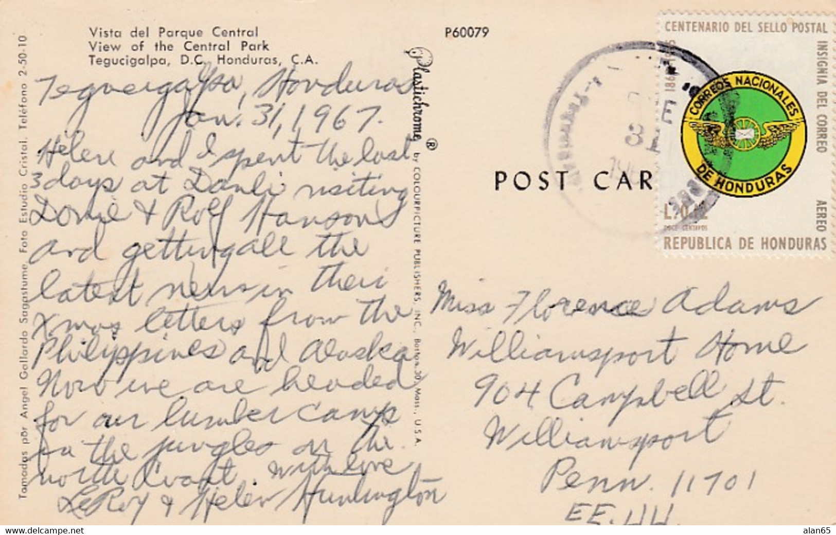 Tegucigalpa Honduras, Central Park, Autos Business Signs, C1960s Vintage Postcard - Honduras