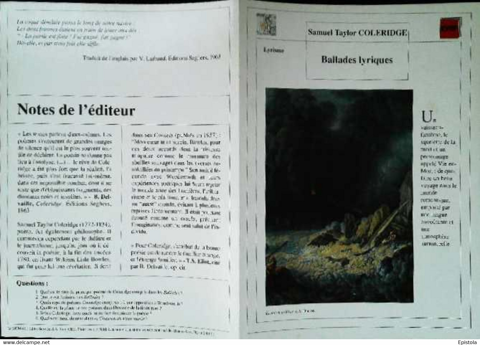 ►   Fiche   Litterature   Samuel Taylor Coleridge Ballades Lyriques Eruption De Vésuve A Ducros - Didactische Kaarten