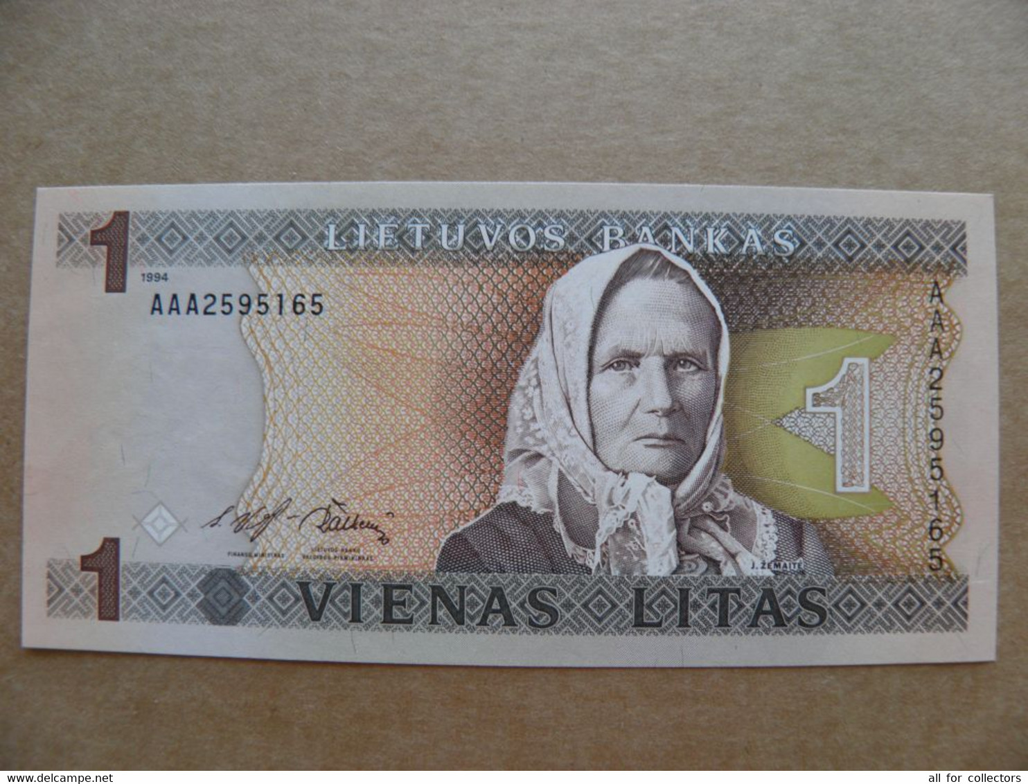 UNC Banknote Lithuania 1 Litas 1994 P-53 Writer Zemaite Church Prefix AAA - Lithuania