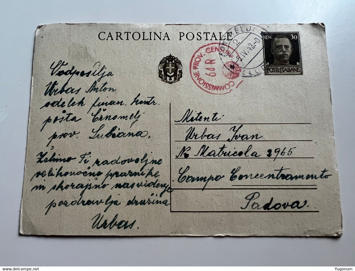 WWII Italy Slovenia Postcard 1943 Town CRNOMELJ / Provinz Lubiana Sent To PADOVA Cocentration Camp (No 865) - Ljubljana