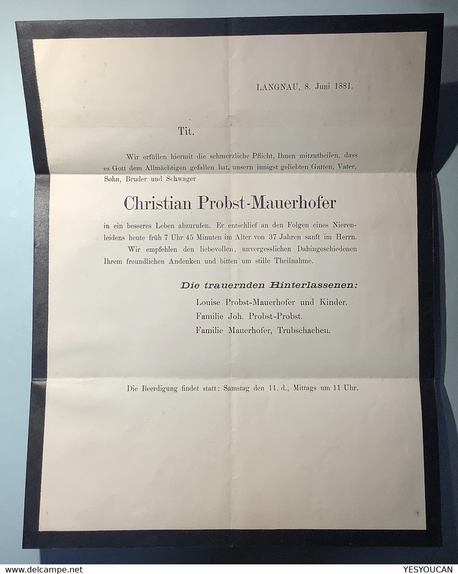 LANGNAU BERN 1881 ZNr 37 Luxus Trauer-Drucksache Familie Probst-Mauerhofer>Signau (Brief Schweiz Mourning Cover - Brieven En Documenten