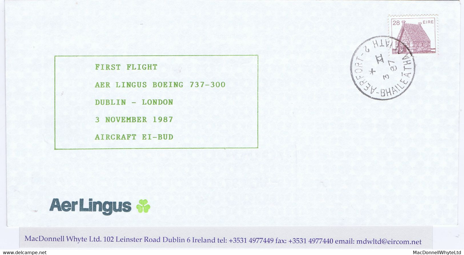 Ireland Airmail 1987 First Flight Of Aer Lingus EI-BUD B737 Dublin To London 3 XI 87 - Poste Aérienne