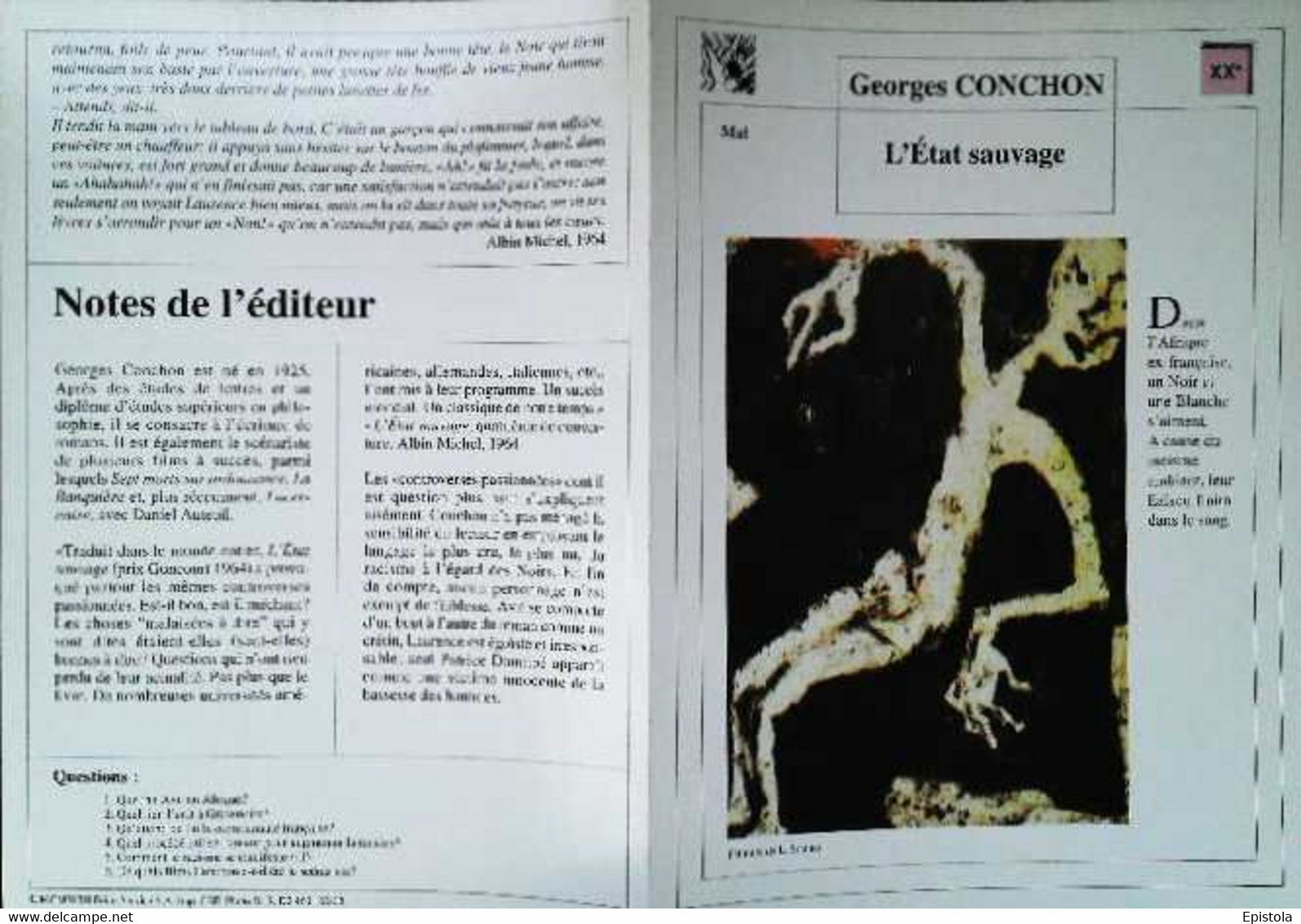 ►   Fiche   Litterature   Georges Conchon  L'état Sauvage  L Soutter - Didactische Kaarten