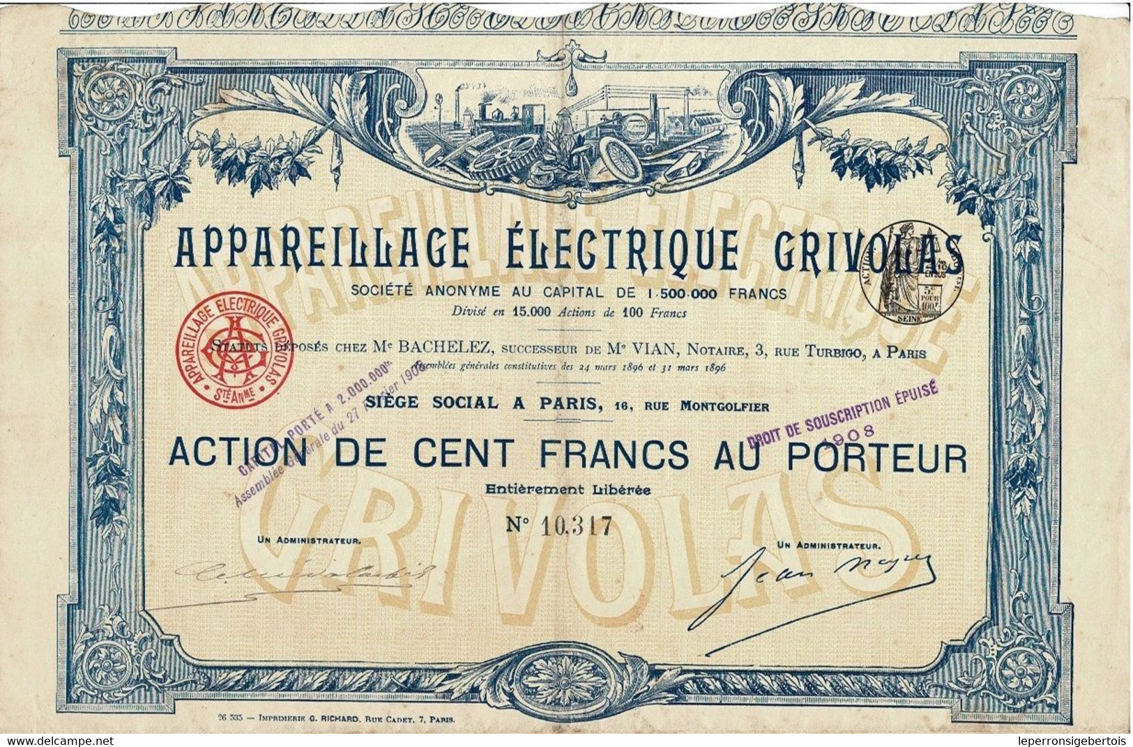 - Titre De 1896 - Appareillage Electrique Grivolas - Société Anonyme  - Déco - Imprimerie Richard - Industrie