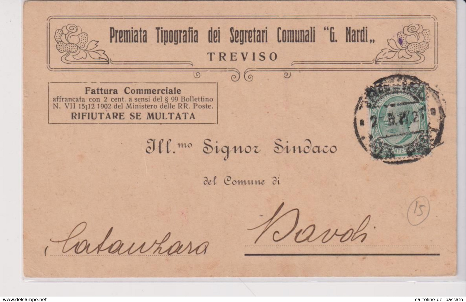 TREVISO  STORIA POSTALE  1927  TIPOGRAFIA DEI SEGRETARI COMUNALI G. NARDI PER DAVOLI CATANZARO + MARCA - Treviso