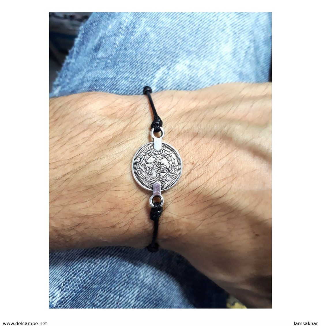 Adjustable Black Thread Bracelet With Coin Style Pendant - Unisex - Bracelets