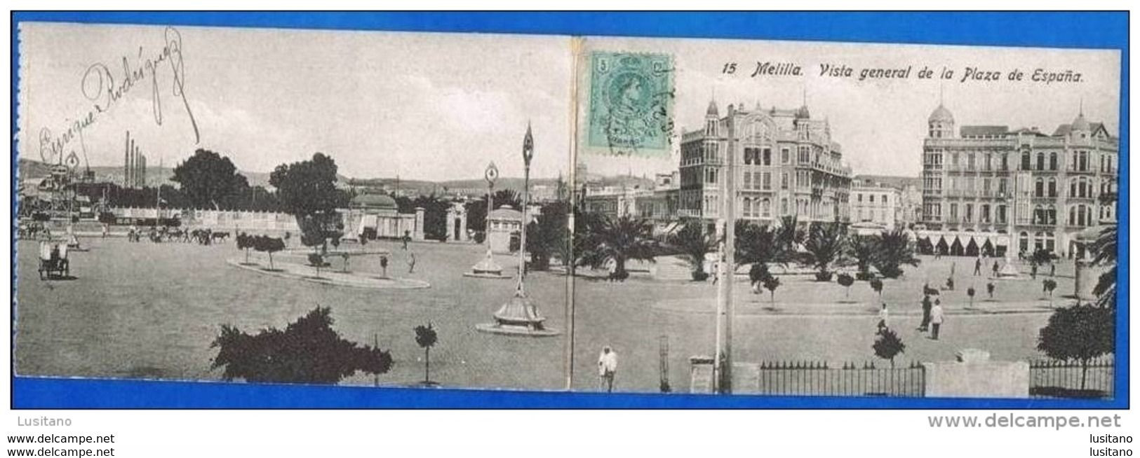 MELILLA - VISTA GENERAL DE LA PLAZA DE ESPAÑA - Postal Doble - Sello STAMP Spain - Melilla