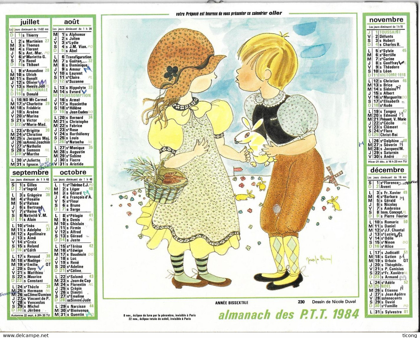 CALENDRIER ALMANACH OLLER  PAS DE CALAIS 1984 - ILLUSTRATIONS DE NICOLE DUVAL, ENFANTS, LAPIN, CHEVRE, VOIR LES SCANNERS - Grand Format : 1981-90