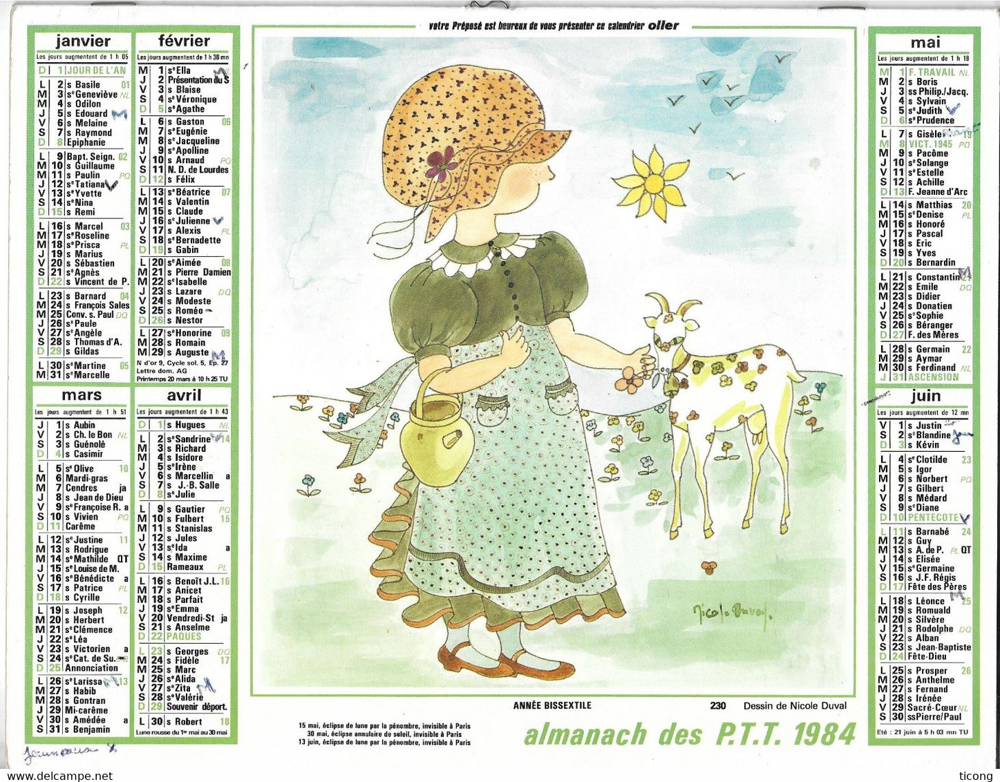 CALENDRIER ALMANACH OLLER  PAS DE CALAIS 1984 - ILLUSTRATIONS DE NICOLE DUVAL, ENFANTS, LAPIN, CHEVRE, VOIR LES SCANNERS - Grand Format : 1981-90