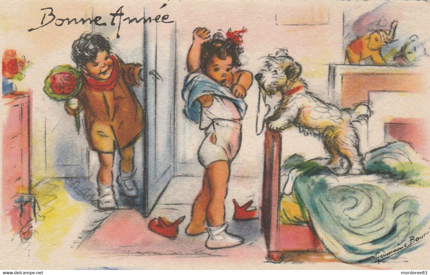 MIGNONETTE BONNE ANNEE ENFANTS BOUQUET DE FLEURS CHIEN - Bouret, Germaine