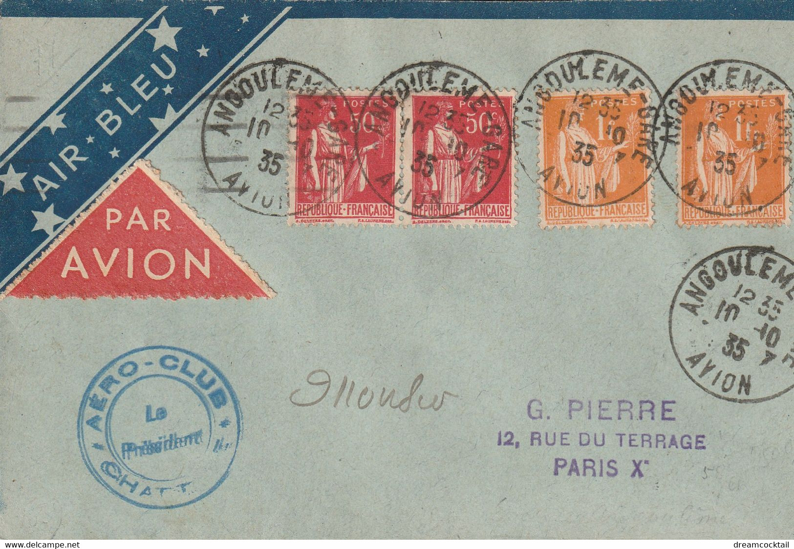 (XX) Poste Par Avion AIR BLEU Aéro Club ANGOULEME PARIS 1935 - Used Stamps