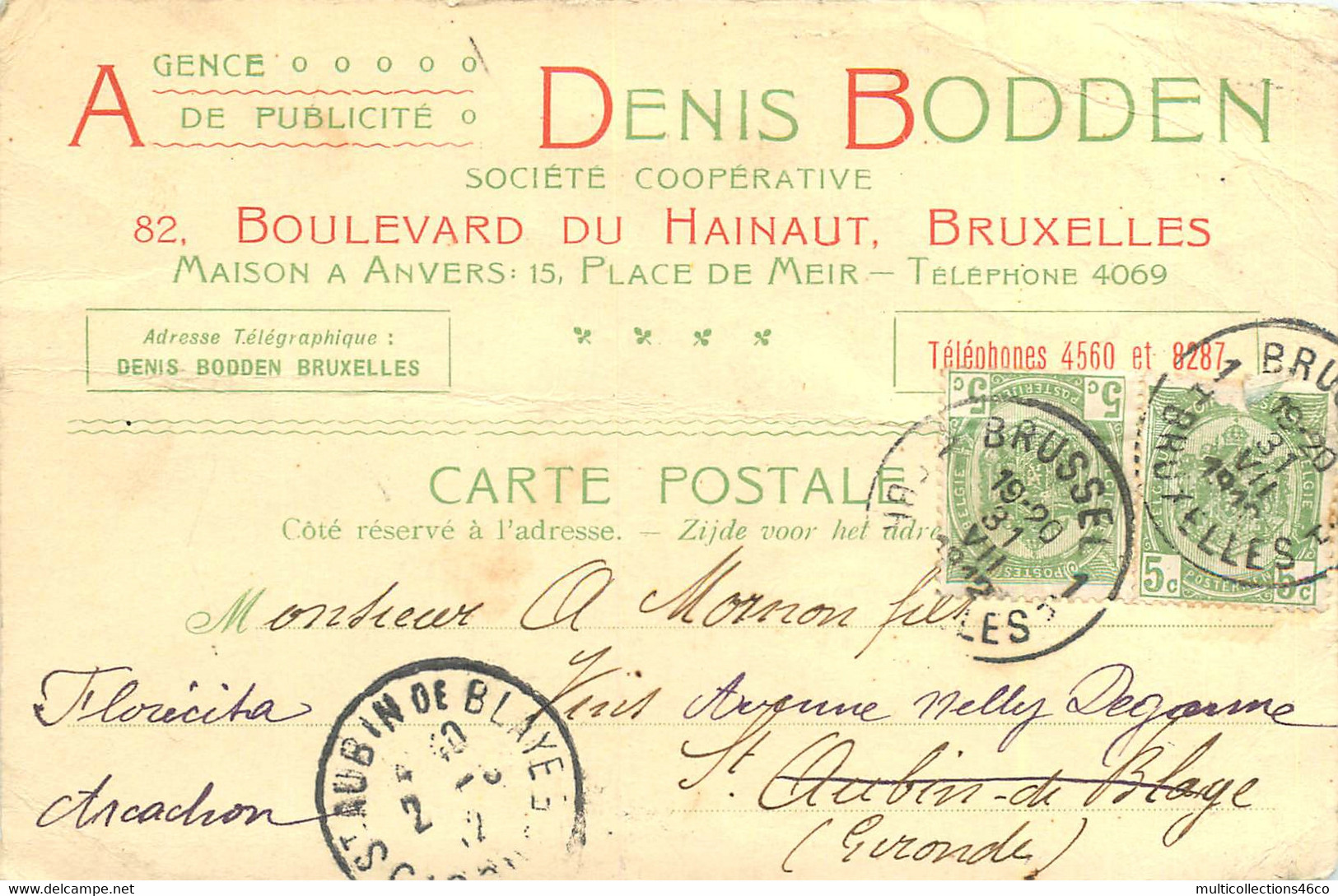 140822 - BELGIQUE BRUXELLES Carte Pub AGENCE PUBLICITE DENIS BODDEN 82 Bd Du Hainaut 1912 - Straßenhandel Und Kleingewerbe