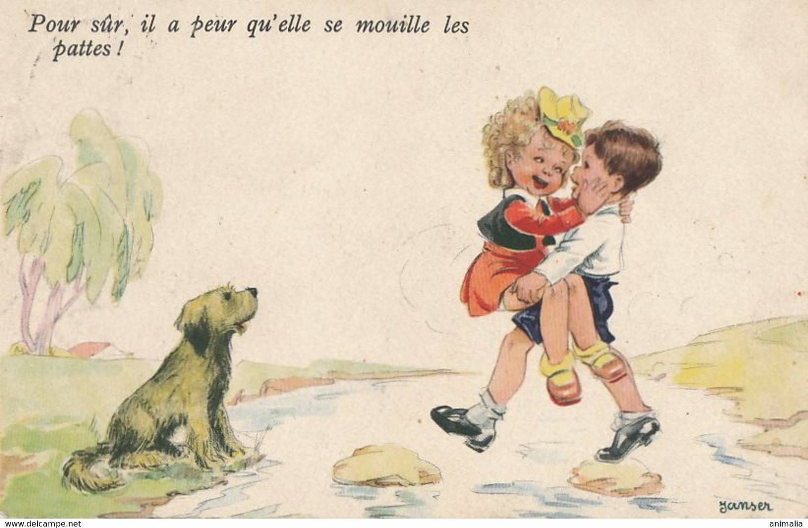 Janser Petit Garçon Transportant Petite Fille Chien Griffon Envoi 1944 Timbre Pétain Vers Andraud Pintraud Gannat - Janser