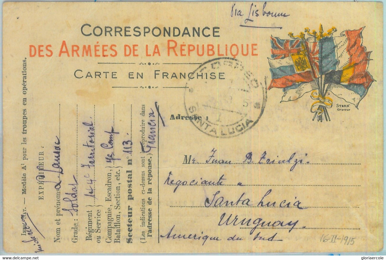 85124 - FRANCE - Postal History - FELDPOST Field Post CARD To URUGUAY! 1915 - Otros & Sin Clasificación