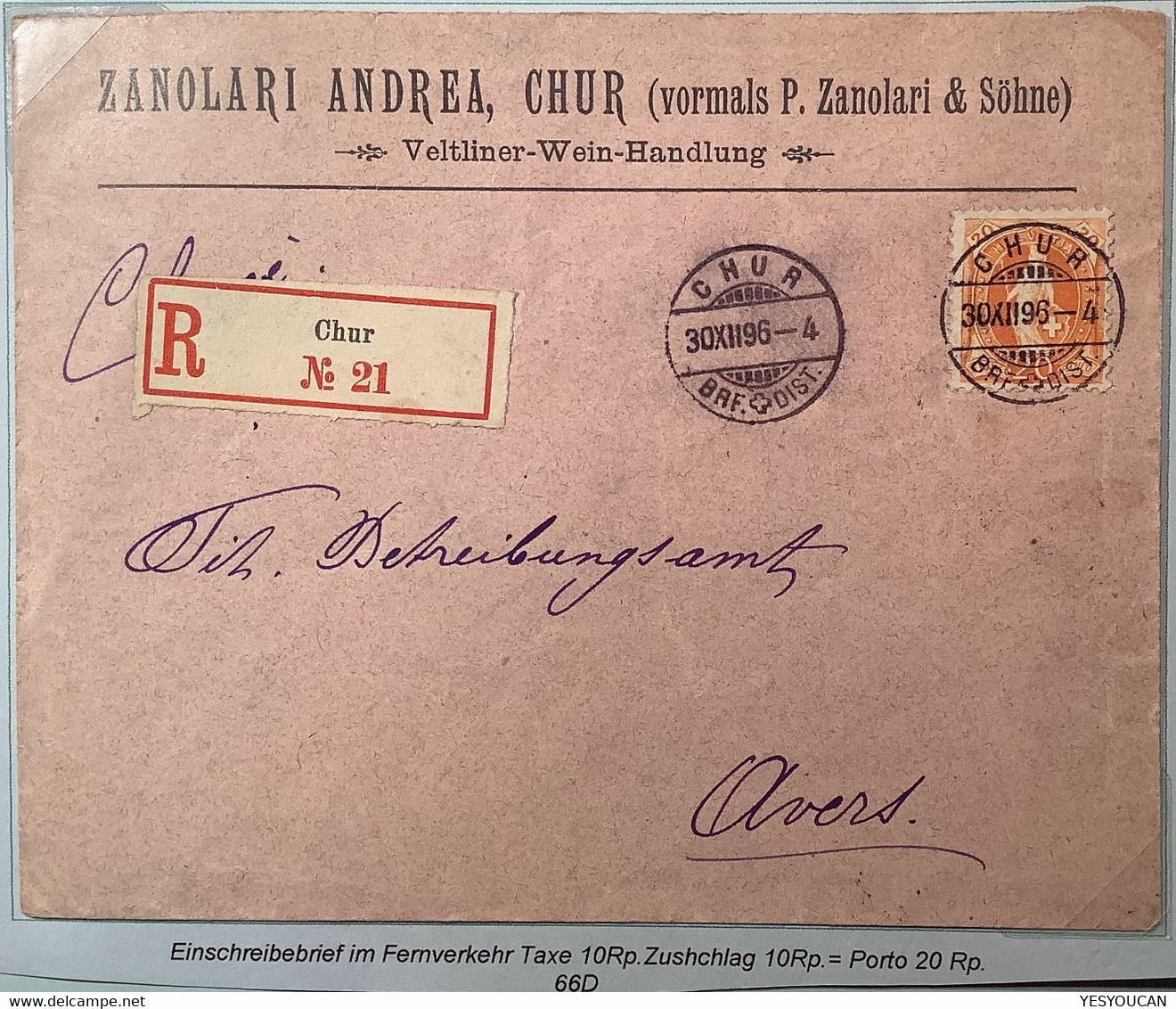 ZNr 66D LUXUS-STPL CHUR 1896 R-Brief „Zanolari Veltiner Wein Handlung“>Avers (GR Wine Vin Schweiz Stehende Helvetia - Covers & Documents