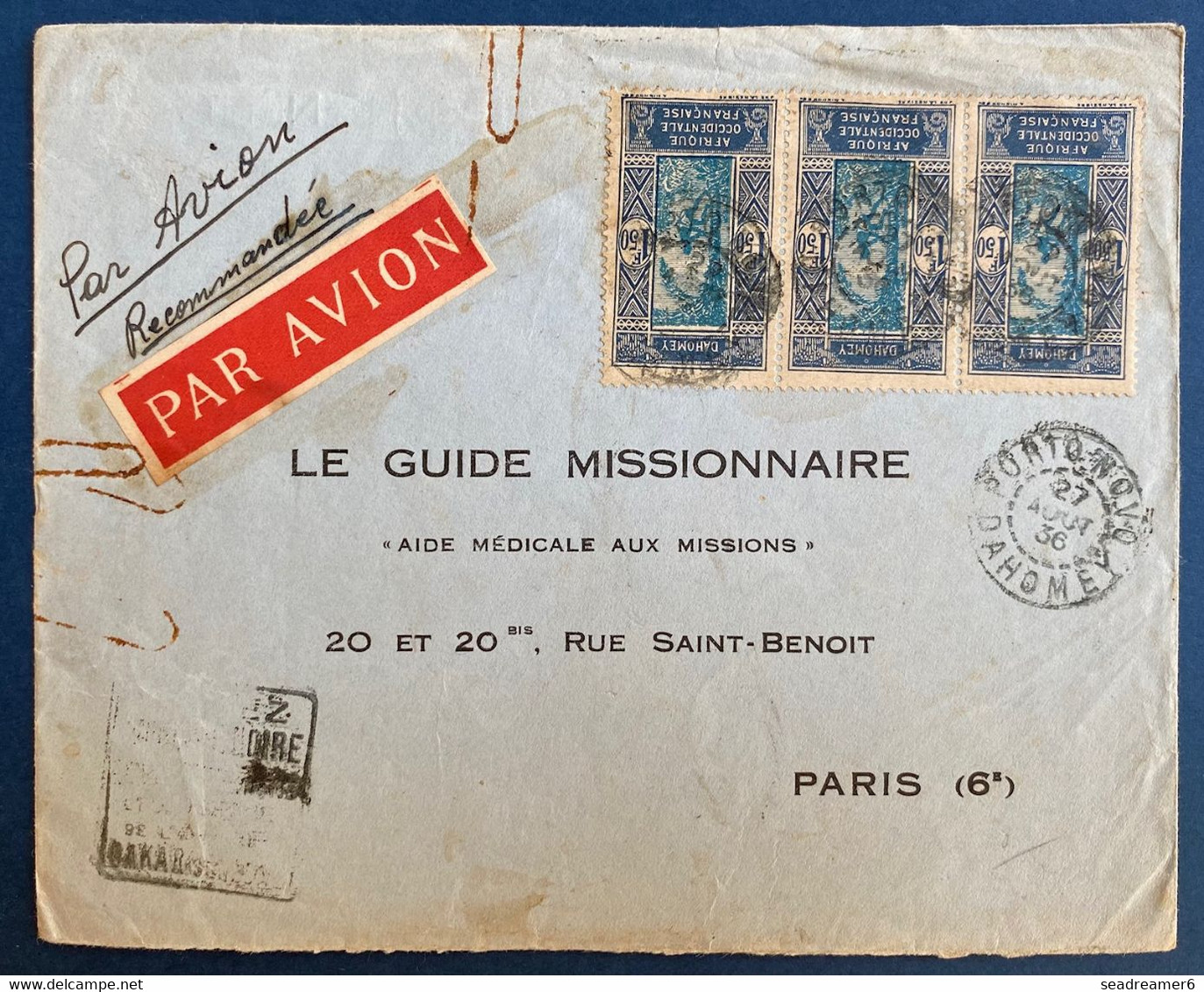 Dahomey Lettre Recommandée Avion Publicitaire Sur La Quinine 1936 N°95 X3 Oblitérés Dateur De Porto Novo Pour Paris TTB - Covers & Documents