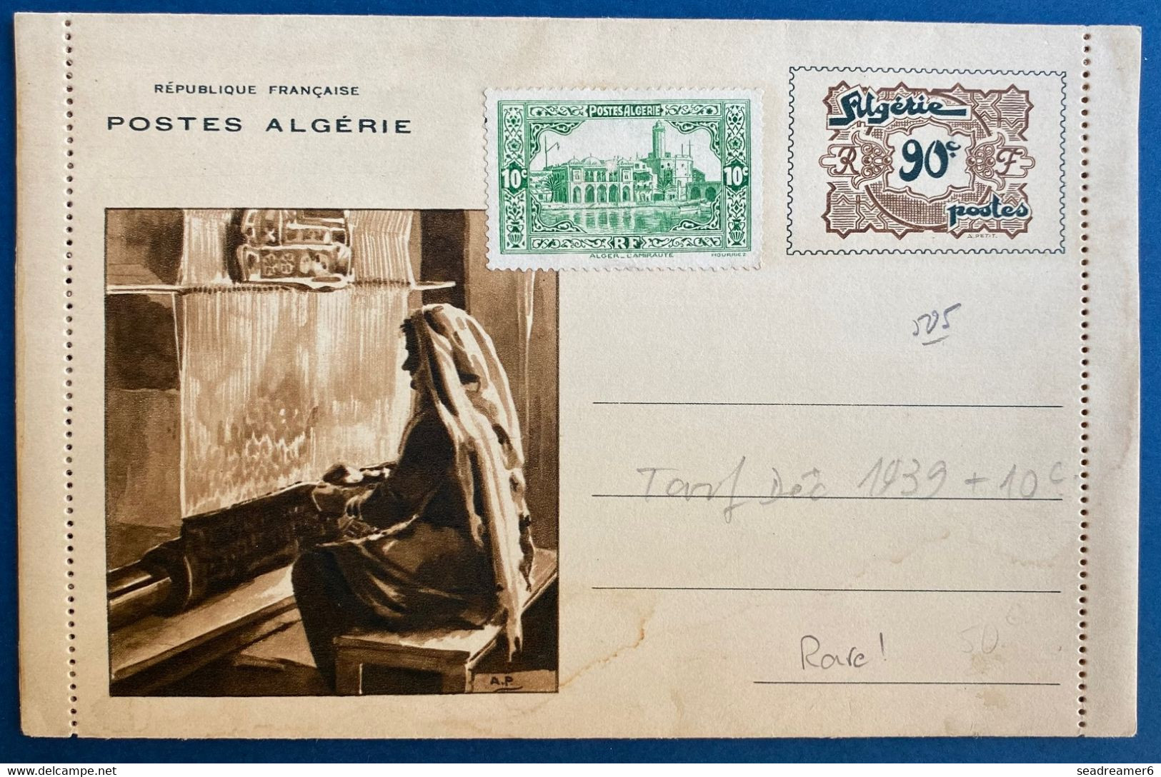 Algerie Entier Lettre Touristique Sur Les Tissus Et Tissages à 90c Avec Complement Pour Tarif De Dec 1939 Pas Courant ! - Andere & Zonder Classificatie