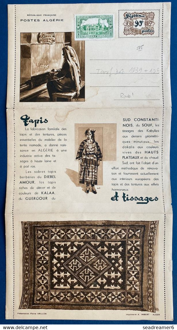 Algerie Entier Lettre Touristique Sur Les Tissus Et Tissages à 90c Avec Complement Pour Tarif De Dec 1939 Pas Courant ! - Autres & Non Classés