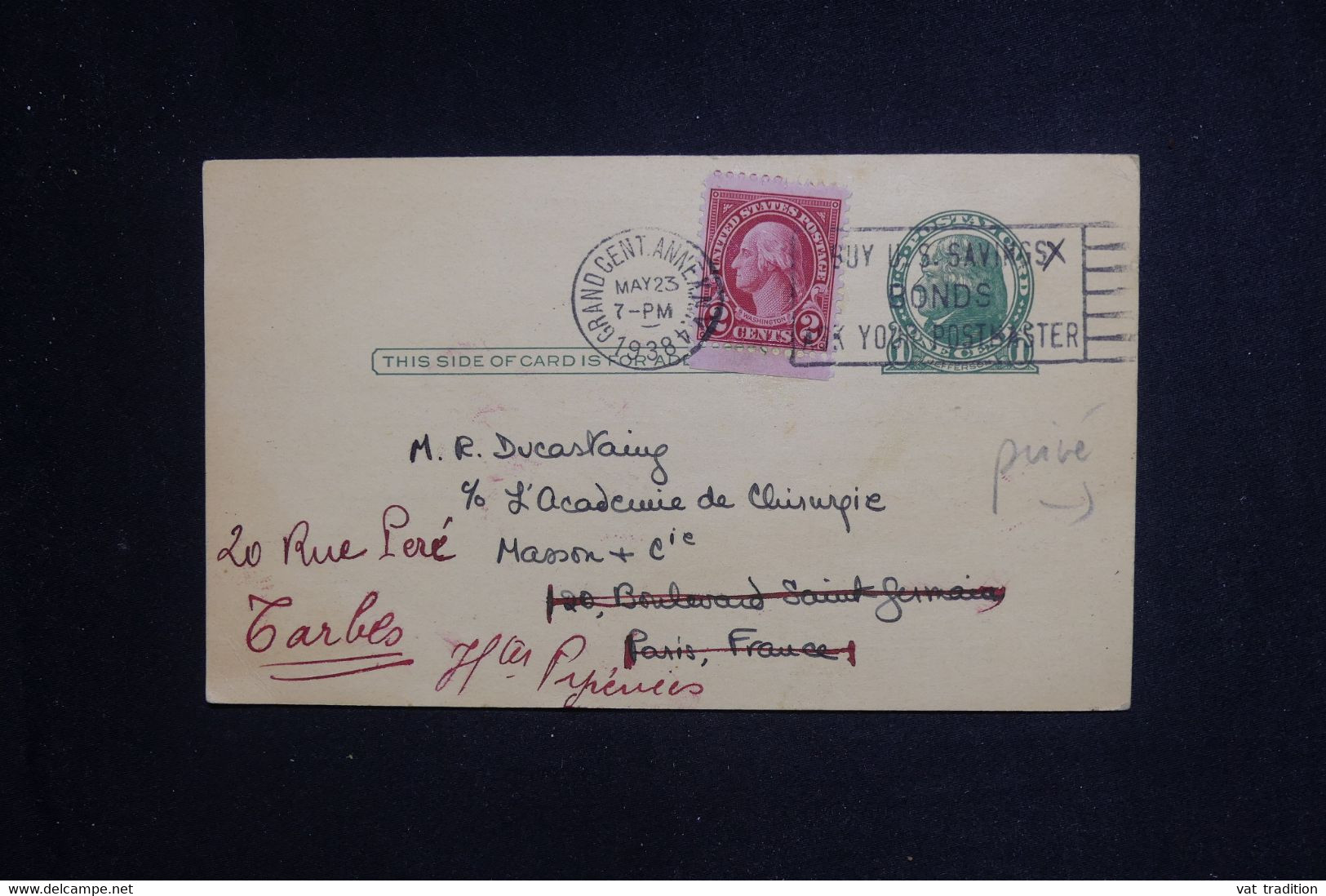 ETATS UNIS - Entier Postal Commercial + Complément De New York Pour La France En 1938 - L 128692 - 1921-40