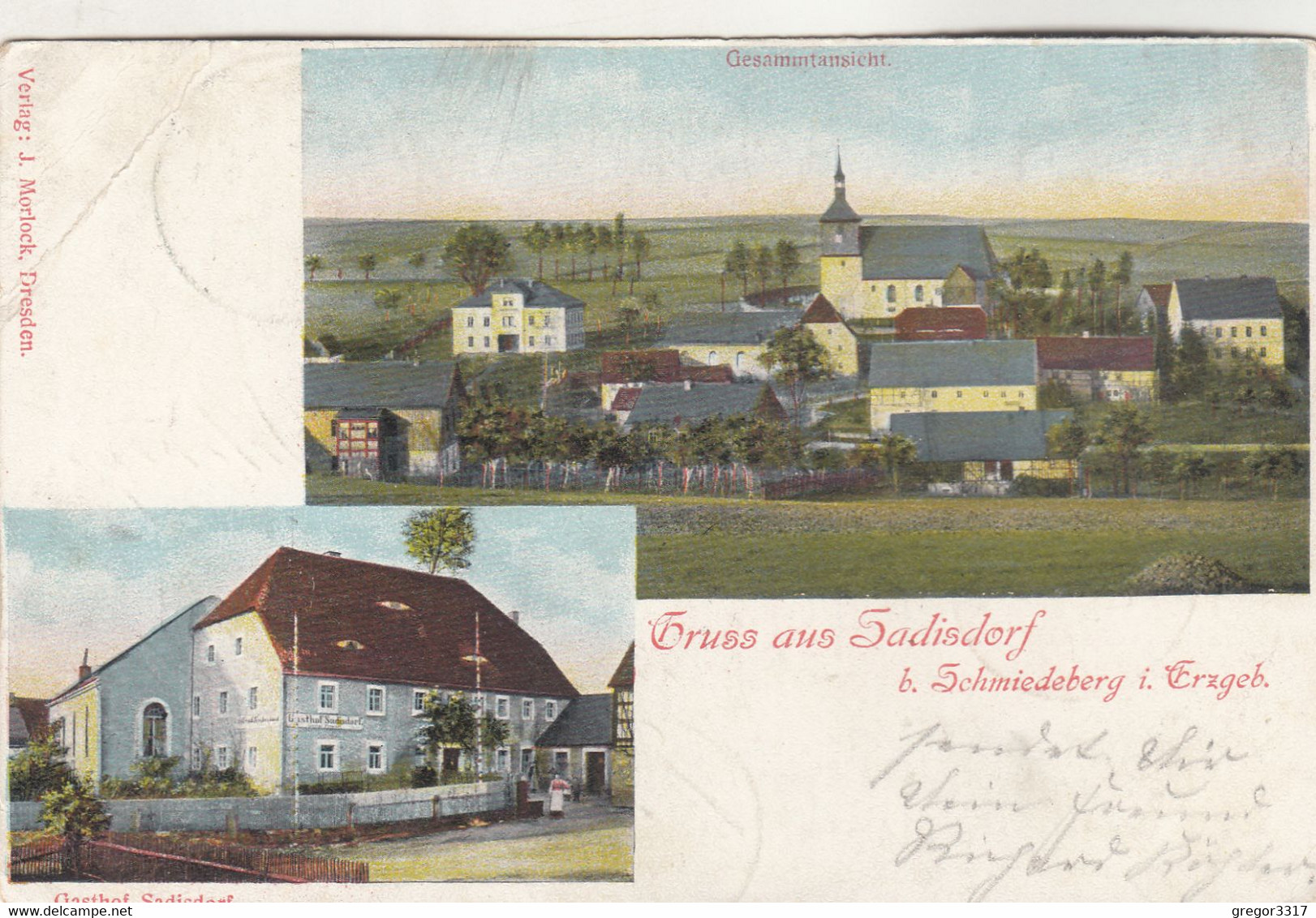 B5798) GRUSS Aus SADISDORF B. SCHMIEDEBERG I. Erzgebirge - GASTHOF SADISDORF - LITHO Zweibild 1906 - Schmiedeberg (Erzgeb.)