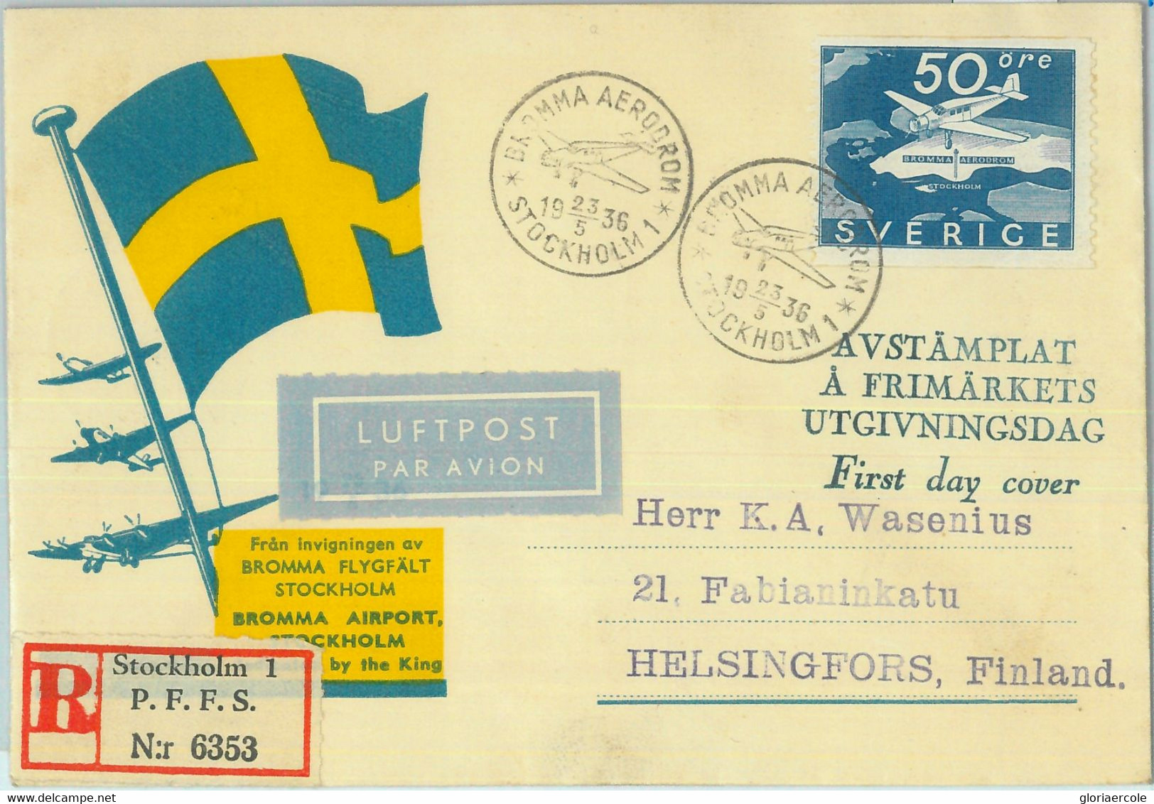 87417 - SWEDEN - Postal History - Registered FDC Cover Special Flight 1936 - Other & Unclassified