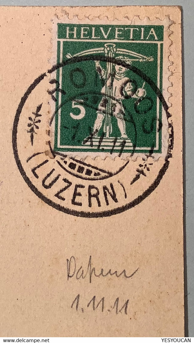 ROMOOS LUZERN 11.11.11 ! Seltene SCHNAPSZAHL Auf 1911 Bedarfs ! Postkarte> Hasle  ZNr 125 III (LU  Tellknabe - Covers & Documents