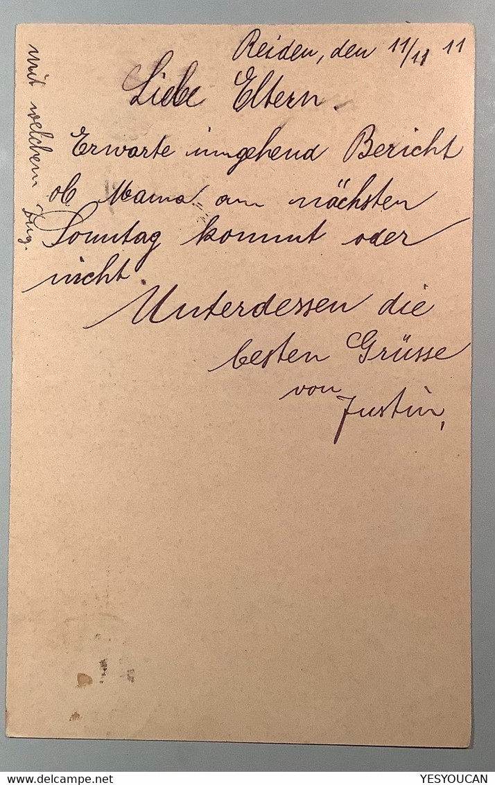 REIDEN LUZERN 11.11.11.11 ! Seltene SCHNAPSZAHL Auf 1911 Bedarfs ! 5 Rp Tellknabe Ganzsache Postkarte (LU - Lettres & Documents